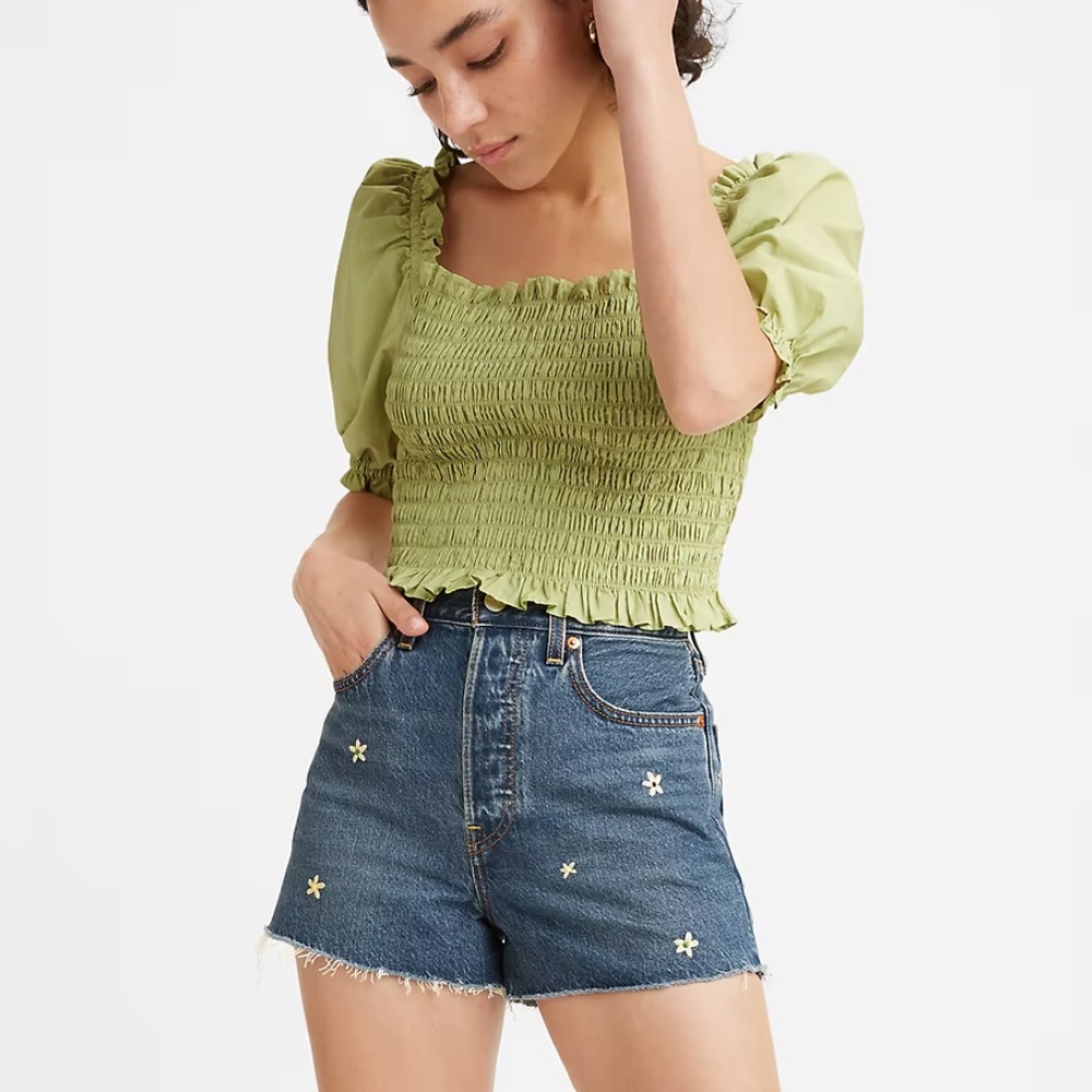 Levi’s Premium Ribcage High Rise Embroidered Cutoff Denim Shorts